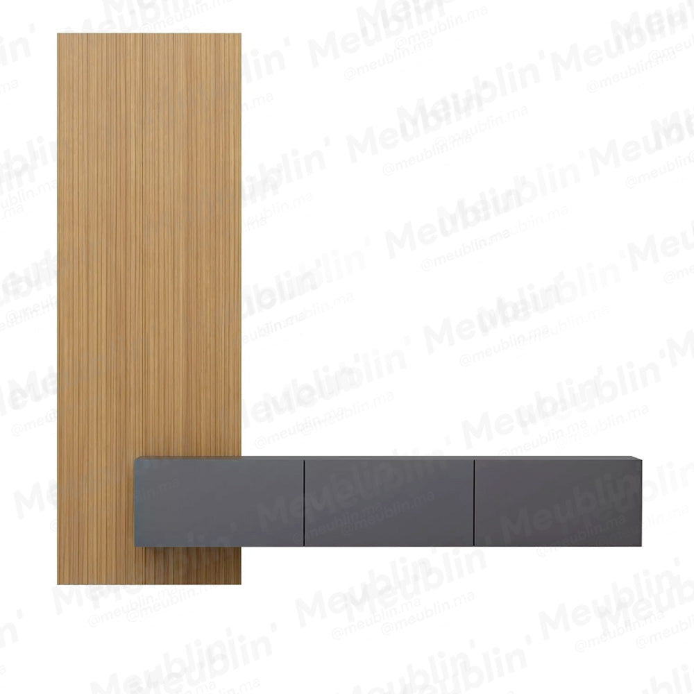 Meuble TV suspendu 180 cm - Gris - avec Bardage en bois MDF