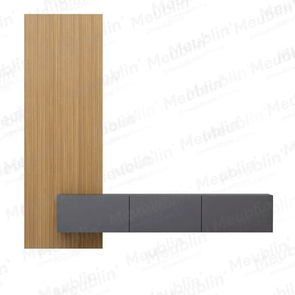 Meuble TV suspendu 180 cm - Gris - avec Bardage en bois MDF