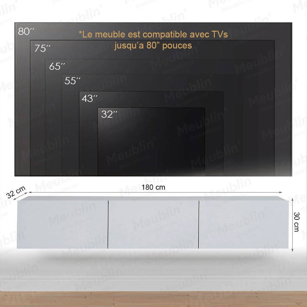 Meuble TV design suspendu DAMLA 180 cm Blanc - Séjour et Salon