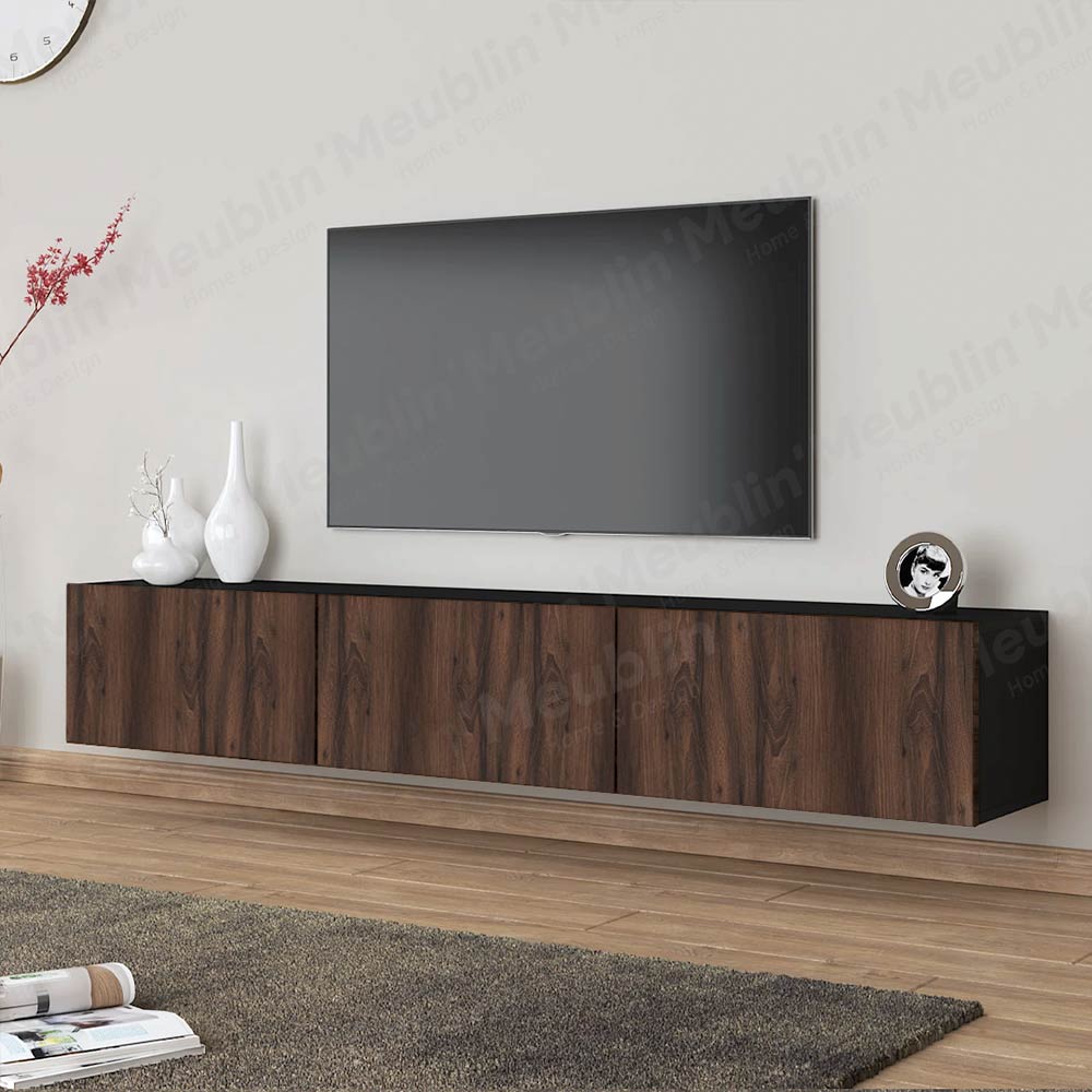 Meuble TV design suspendu AGDAL 180 cm - Noir et Bois Marron Foncé