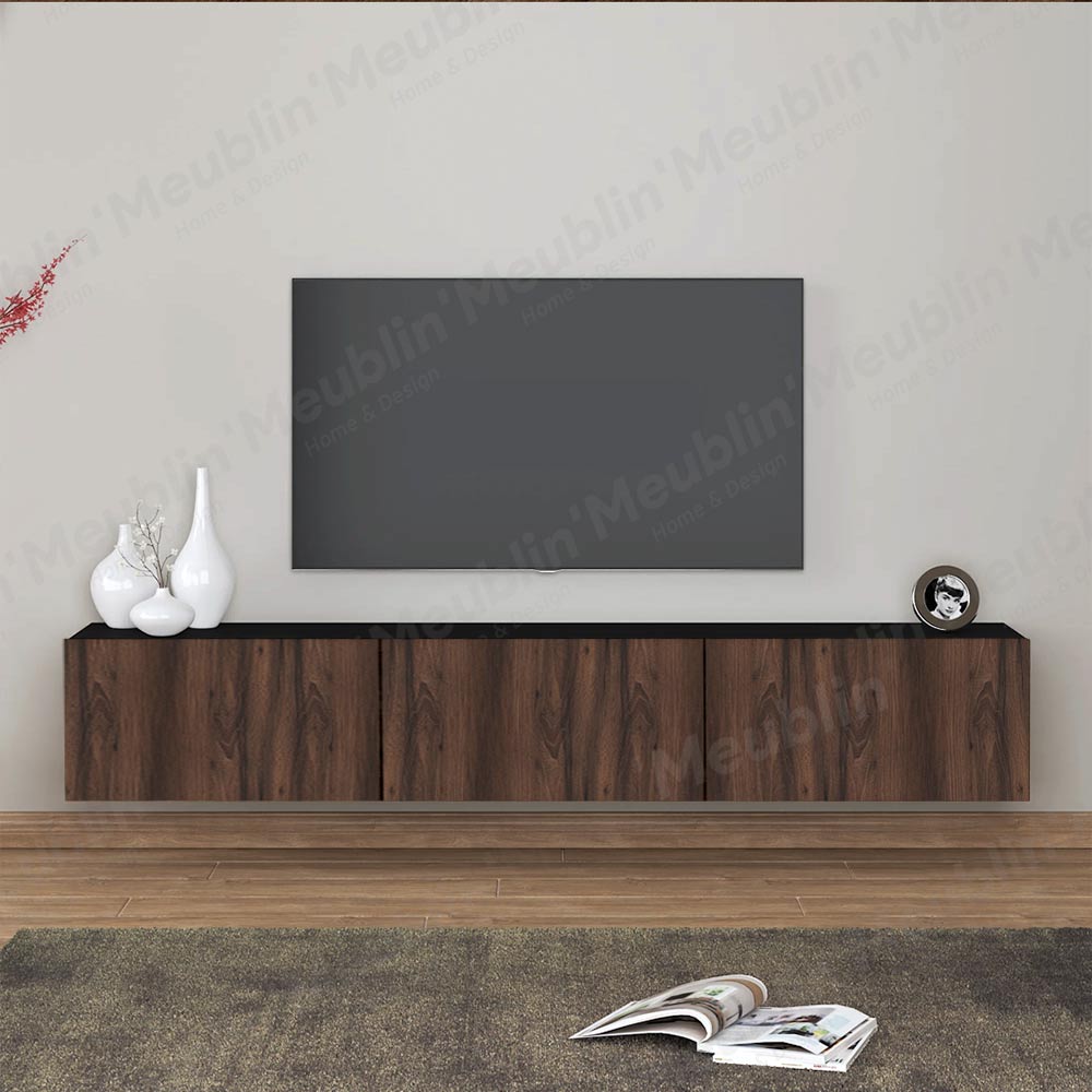 Meuble TV design suspendu AGDAL 180 cm - Noir et Bois Marron Foncé