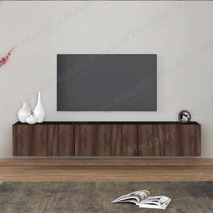 Meuble TV design suspendu AGDAL 180 cm - Noir et Bois Marron Foncé