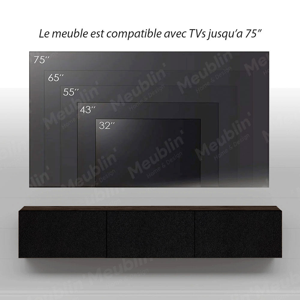 Meuble TV design suspendu AGDAL 180 cm - Marron Foncé et Noir