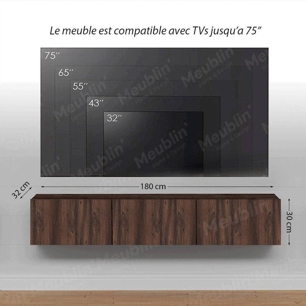 Meuble TV design suspendu AGDAL 180 cm - Bois Marron Foncé