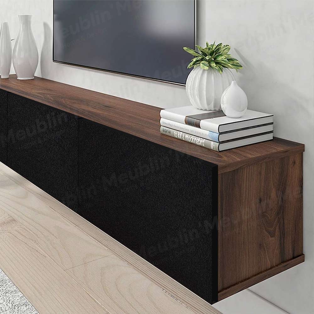 Meuble TV design suspendu AGDAL 180 cm - Marron Foncé et Noir