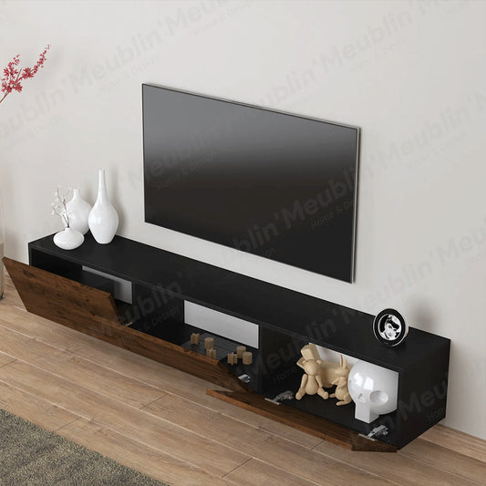 Meuble TV design suspendu AGDAL 180 cm - Noir et Bois Marron Foncé