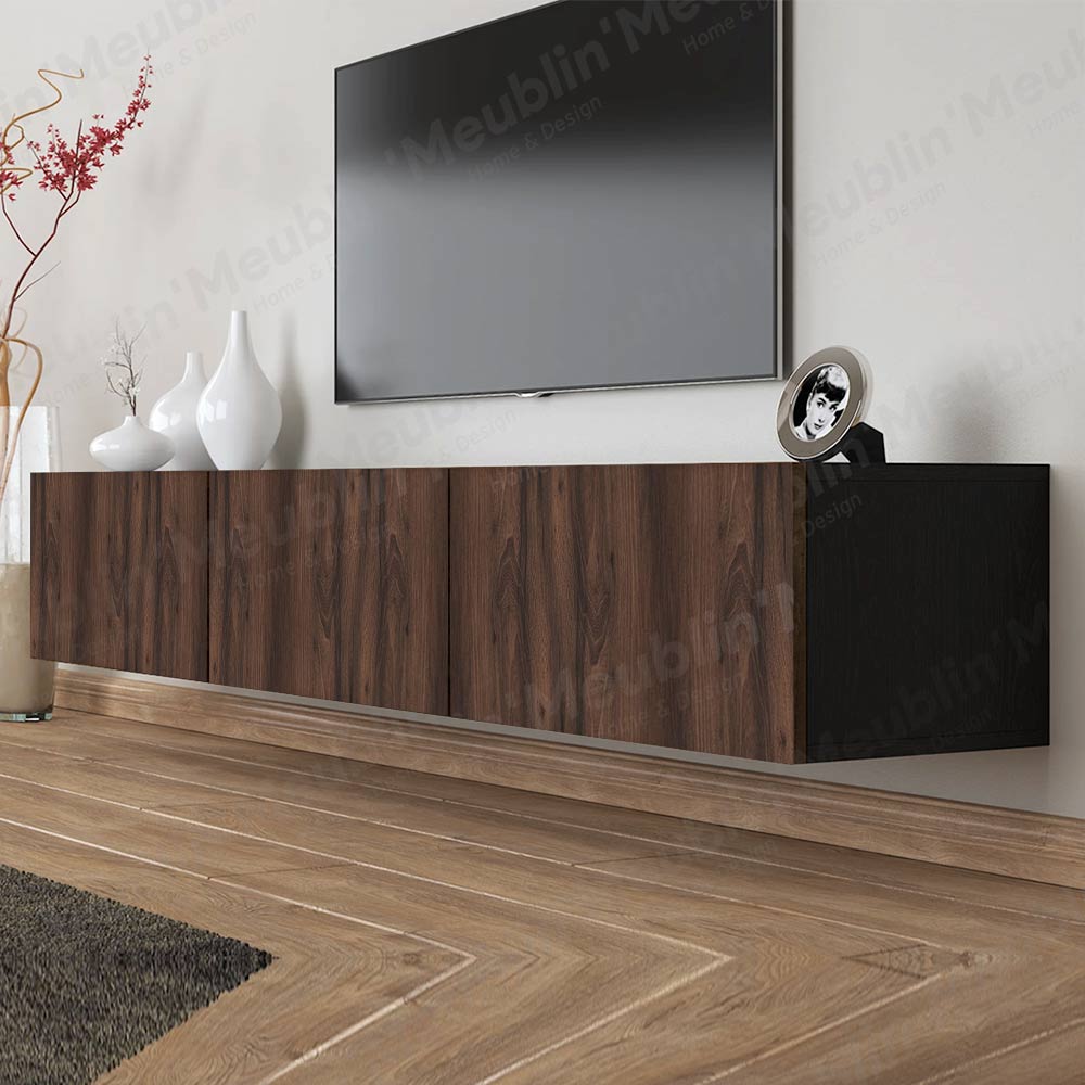 Meuble TV design suspendu AGDAL 180 cm - Noir et Bois Marron Foncé