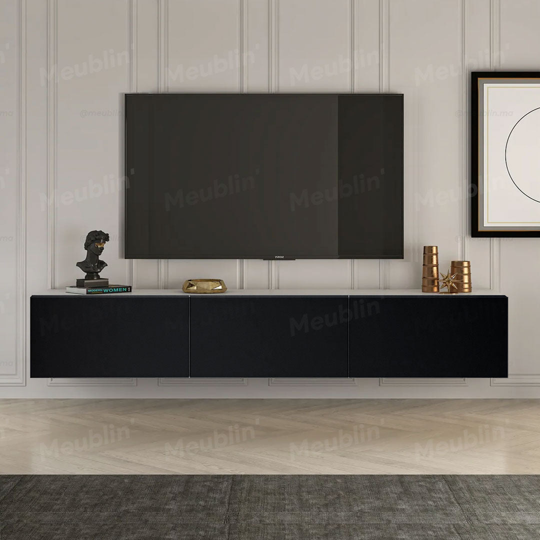 Meuble TV suspendu DAMLA 180 cm - Cadre Blanc et Portes Noires