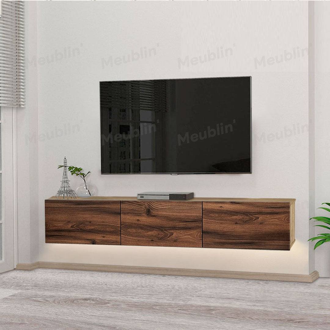 Meuble TV design suspendu DAMLA 180 cm - Chêne et noyer
