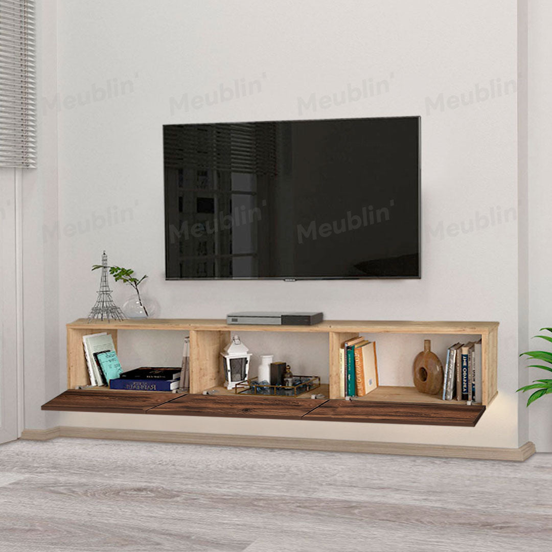Meuble TV design suspendu DAMLA 180 cm - Chêne et noyer