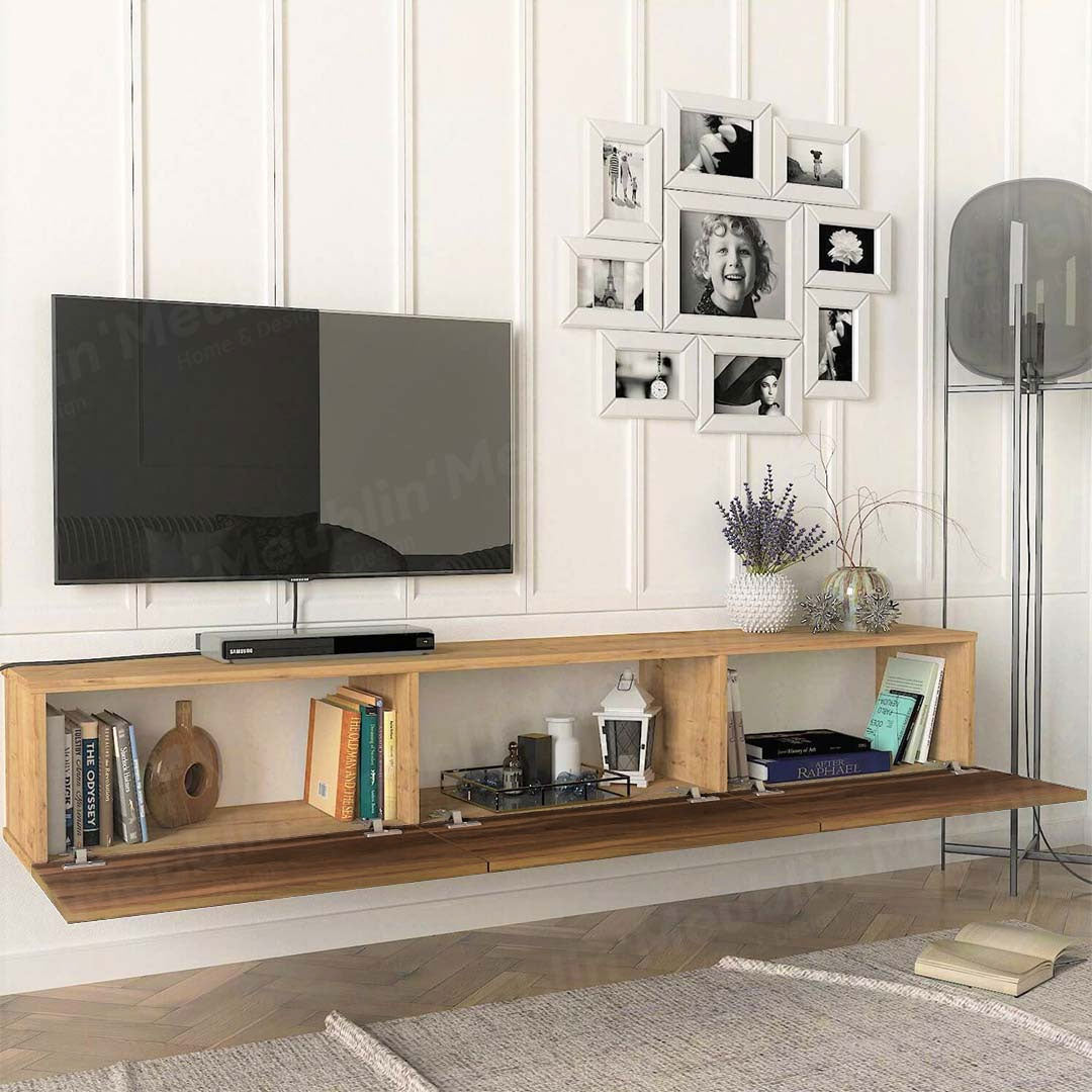 Meuble TV design suspendu DAMLA 180 cm - Chêne et noyer