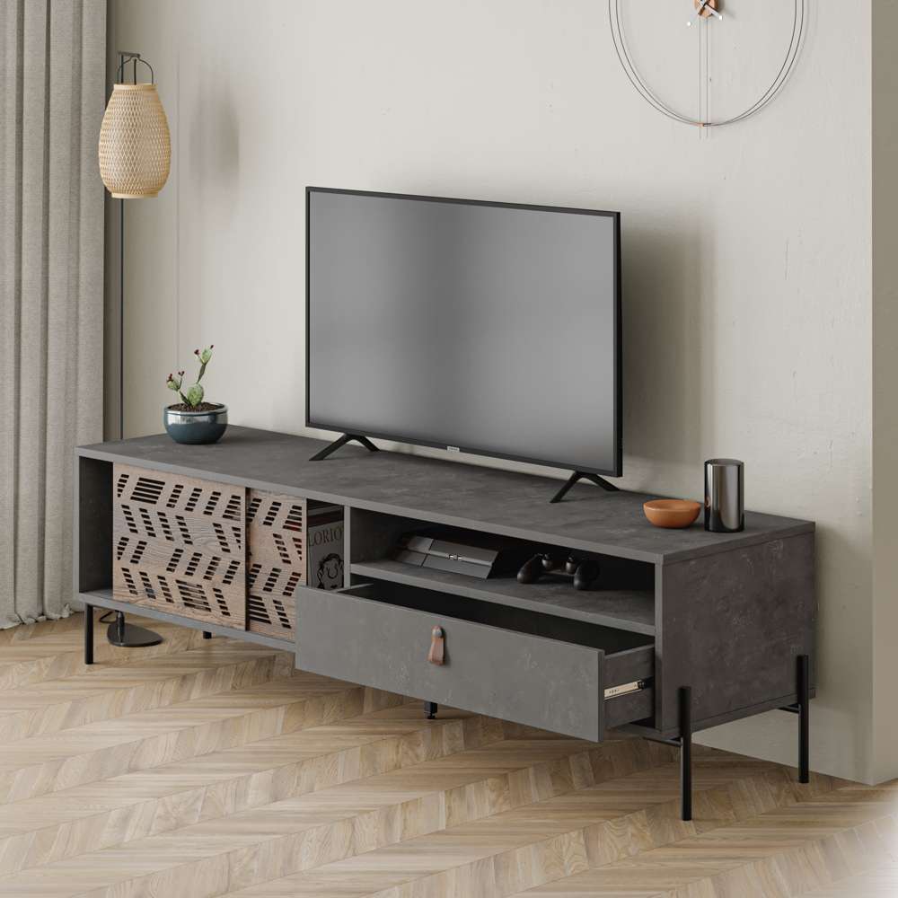 Meuble TV moderne DIONYSOS 170 cm pour séjour ou salon - Retro Grey