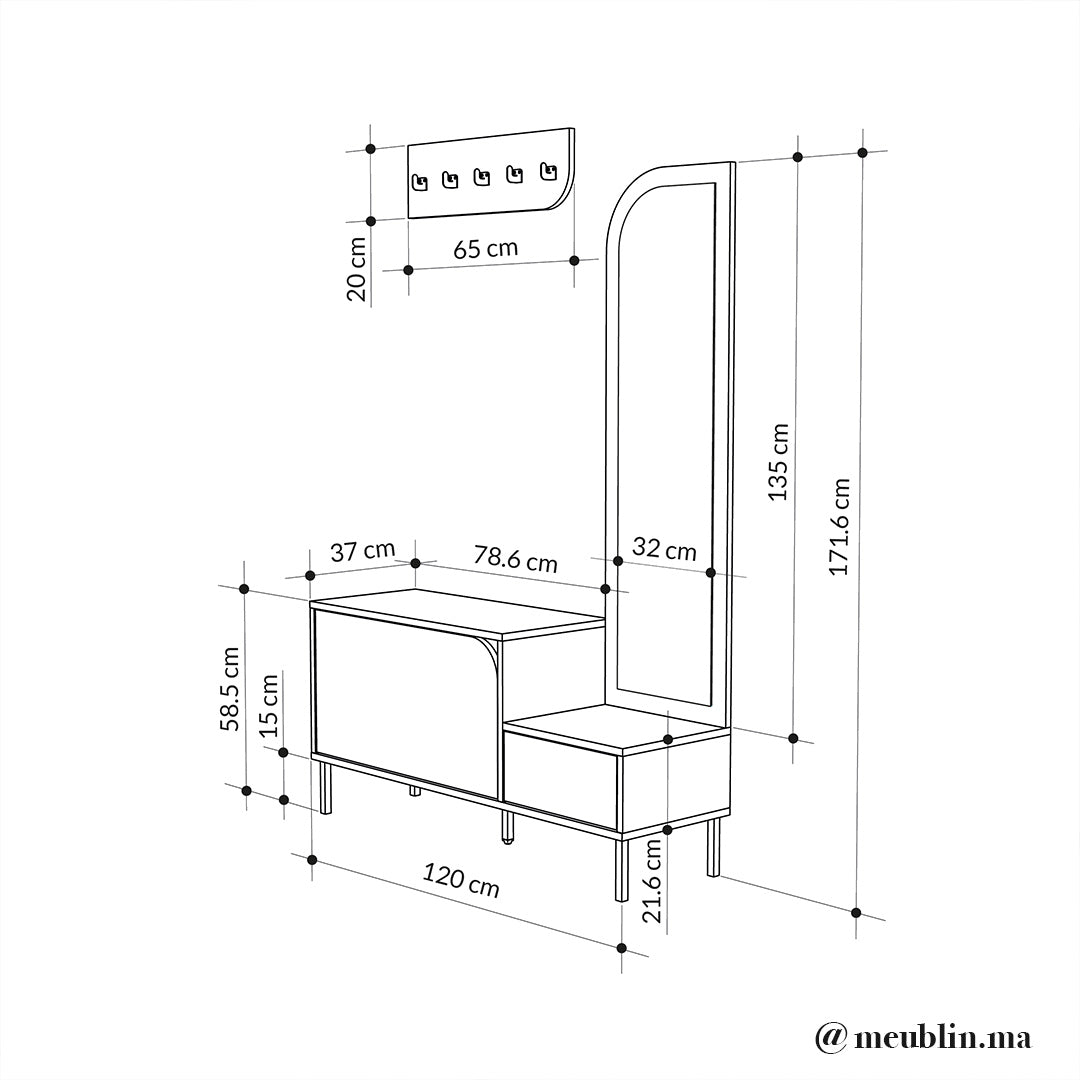 Meuble d'entrée MILA 172 cm - Rangement chaussures - Porte-manteaux et miroir