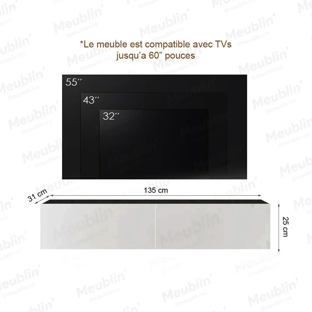Meuble TV suspendu ARISTO 135 cm - Noir et Blanc - Décoration d'intérieur