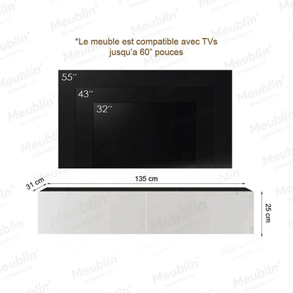 Meuble TV suspendu ARISTO 135 cm - Noir et Blanc - Décoration d'intérieur