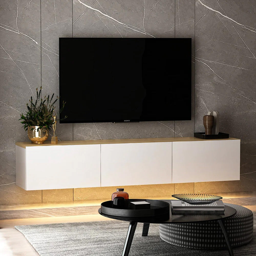 Meuble TV suspendu PALM 180 cm à 3 portes - Blanc et chêne