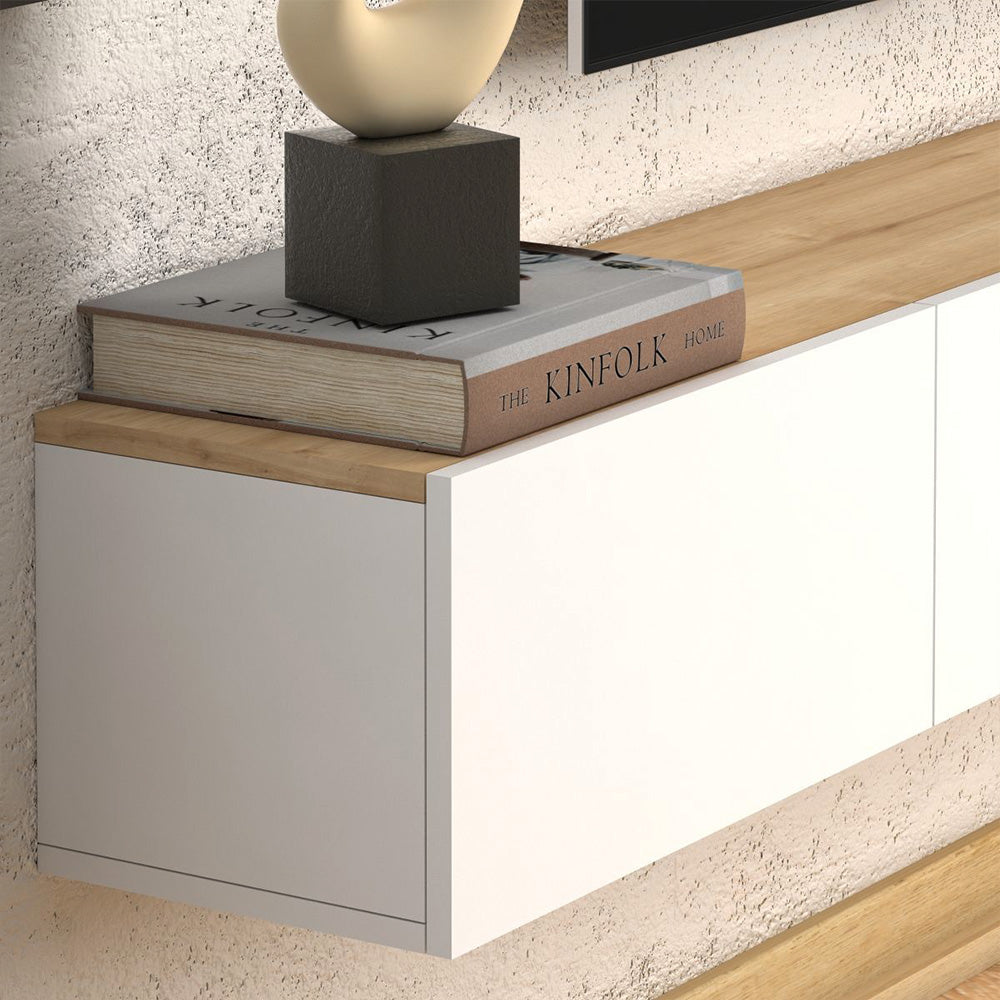 Meuble TV suspendu PALM 180 cm à 3 portes - Blanc et chêne