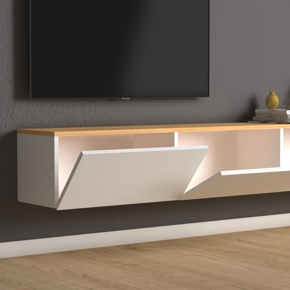 Meuble TV suspendu PALM 180 cm à 3 portes - Blanc et chêne