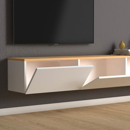 Meuble TV suspendu PALM 180 cm à 3 portes - Blanc et chêne