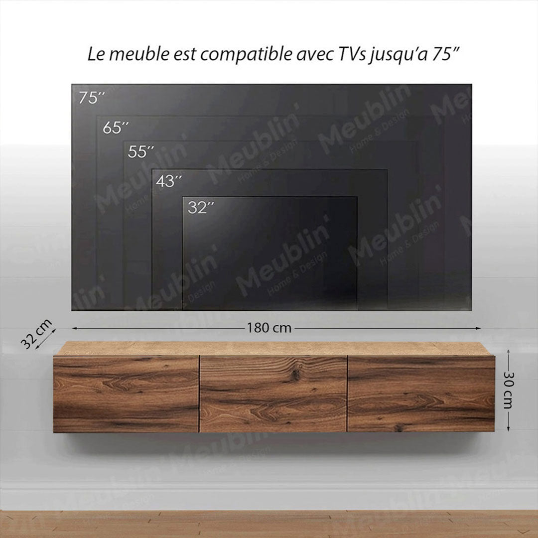 Meuble TV design suspendu DAMLA 180 cm - Chêne et noyer