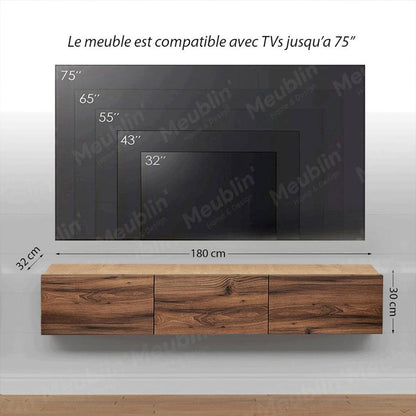Meuble TV design suspendu DAMLA 180 cm - Chêne et noyer
