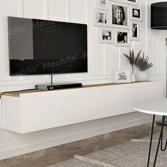 Meuble TV suspendu PALM 180 cm à 3 portes - Blanc et chêne