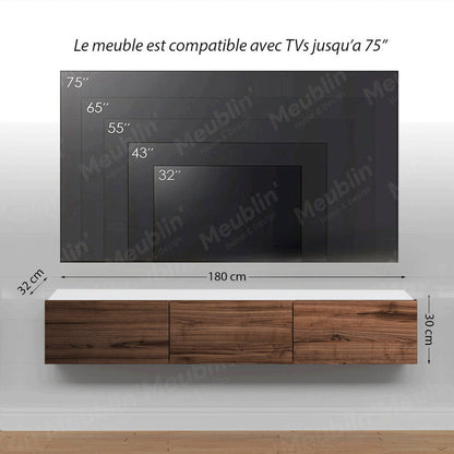 Meuble TV suspendu DAMLA 180 cm - Blanc et Marron foncé