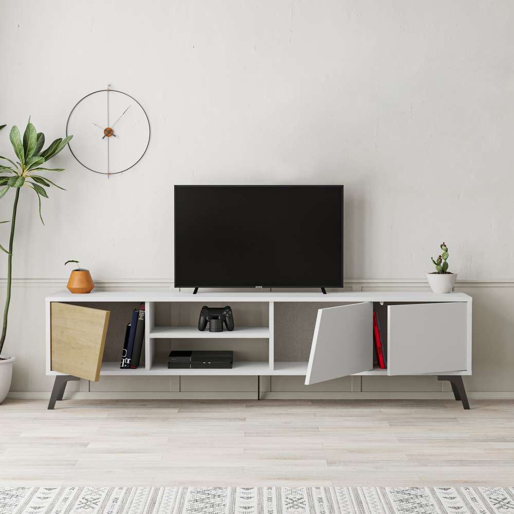 Meuble TV moderne FIONA 180 cm - Salon et séjour - Chêne et blanc