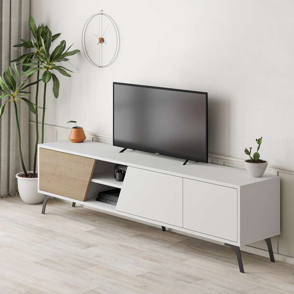 Meuble TV moderne FIONA 180 cm - Salon et séjour - Chêne et blanc