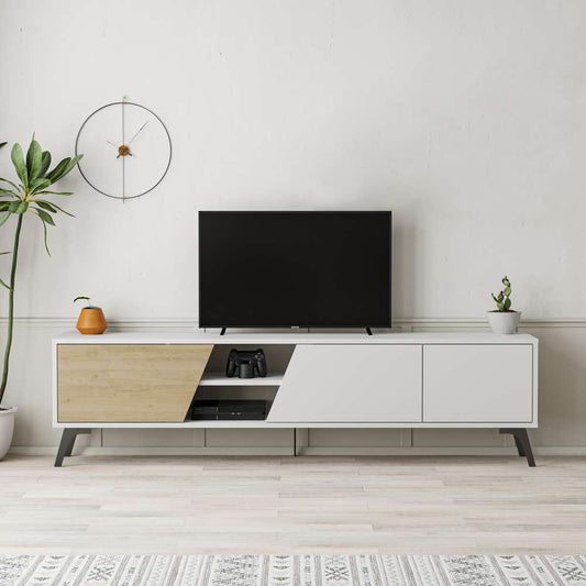 Meuble TV moderne FIONA 180 cm - Salon et séjour - Chêne et blanc